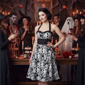 Retro Skull Print Halter Dress Black & White M 60s Gothic Punk Rockabilly Vibes